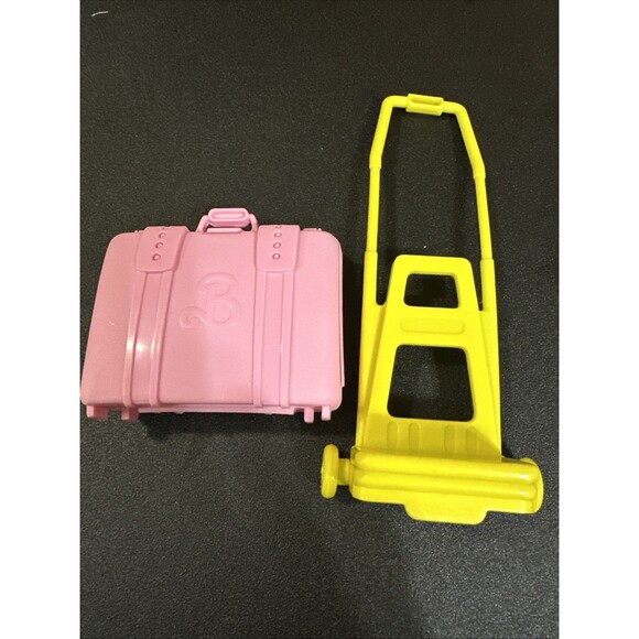 Barbie Other - Barbie Large Pink Suitcase And Yellow Rolling Cart 1989 Vintage